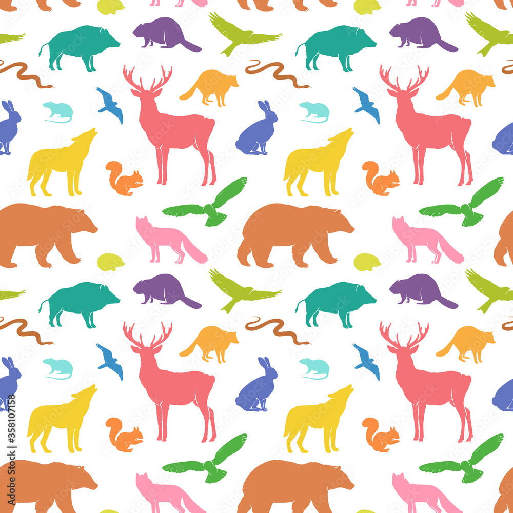 Vector silhouette animals seamless pattern. Deer, hare, fox, hedgehog, squirrel, wolf, bear, snake, beaver, raccoon, mouse, wild boar and birds Vector silhouette animals seamless pattern. Deer, hare, fox, hedgehog, squirrel, wolf, bear, snake, beaver, raccoon, mouse, wild boar and birds