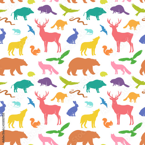 Vector silhouette animals seamless pattern. Deer  hare  fox  hedgehog  squirrel  wolf  bear  snake  beaver  raccoon  mouse  wild boar and birds