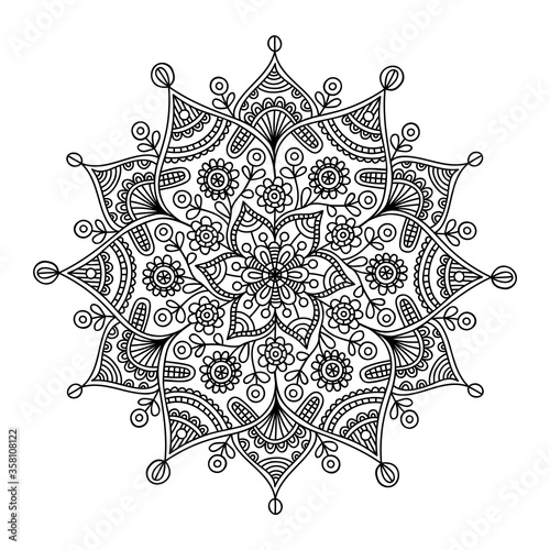 Vector hand drawn doodle mandala. Ethnic illustration with ornament. Isolated on white background. Coloring page for adult. Mandala with tribal ornament. Black and white. Outline.