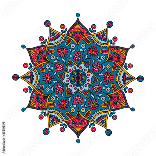 Vector hand drawn doodle mandala. Ethnic mandala with colorful tribal ornament. Isolated on white background. Oriental pattern, vector illustration. Mandala with flowers.