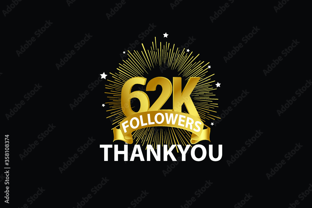 62K,62.000 Followers anniversary, minimalist logo years, jubilee, greeting card. invitation. Sign Ribbon Gold space vector illustration on black background - Vector 62K,62.000 Followers anniversary, minimalist logo years, jubilee, greeting card. invitation. Sign Ribbon Gold space vector illustration on black background - Vector