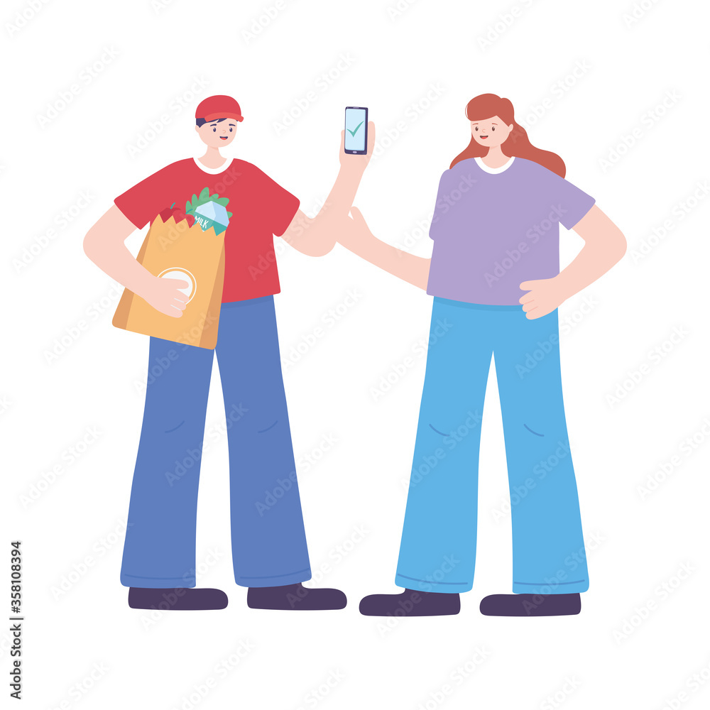 covid-19 coronavirus pandemic, delivery service, delivery man with smartphone customer, wear protective medical mask covid-19 coronavirus pandemic, delivery service, delivery man with smartphone customer, wear protective medical mask