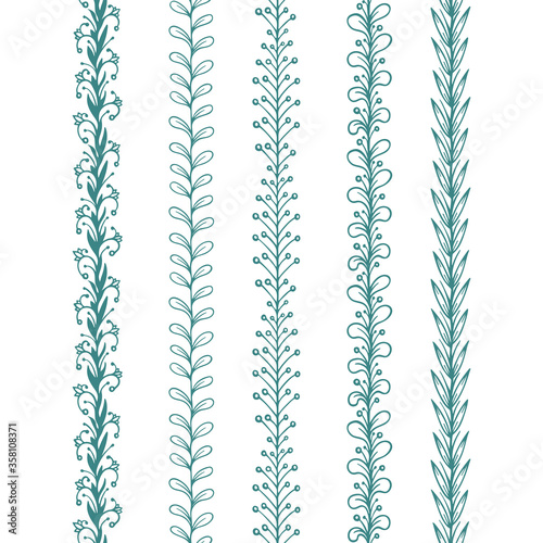 Hand drawn seamless floral design elements set. Leaves and flowers endless sketch drawing. Floral brushes.