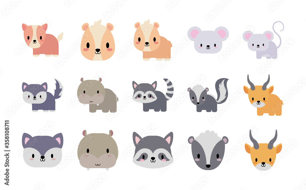 set of icons animals baby kawaii, flat style icon