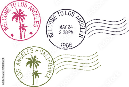 Set of postal grunge stamps 'Los Angeles'. Red, black and green color