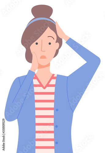 Pretty woman standing and holding her head. Lady looks sad or confused, ashamed or drear. Emotion on face. Girl in pose vector illustration flat style