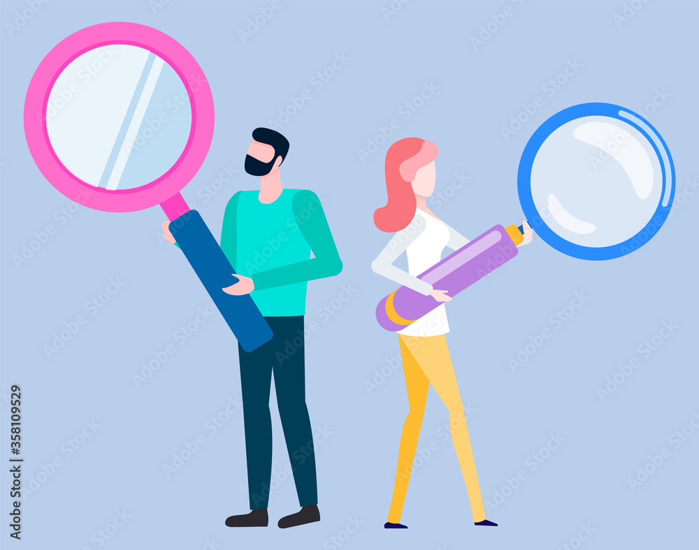 Woman and man with magnifying glass isolated people. Vector brokers with magnifier analyzing and investigating with loupe. Agents examining trades Woman and man with magnifying glass isolated people. Vector brokers with magnifier analyzing and investigating with loupe. Agents examining trades