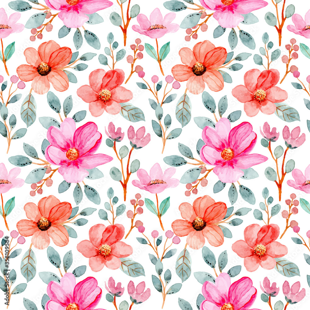seamless pattern with watercolor pink flowers and green leaves