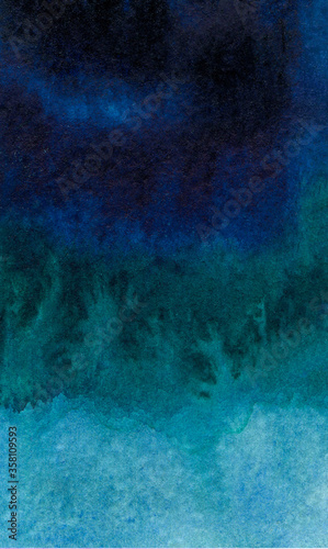 Watercolor abstract texture on paper, color dark blue and dark turquoise gradient