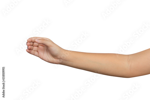 Kid hand show holding something like a bottle isolated on white background. Clipping path included