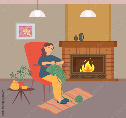Woman knitting, female in slippers sitting on chair near fireplace, table with teapot and house-plant, person holding needles, needlecraft or hobby vector