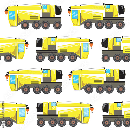 Seamless pattern with heavy machine on a white background as a printable texture, flat vector stock illustration with yellow crane or manipulator