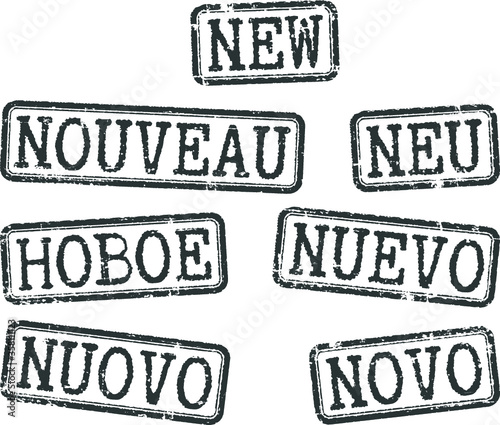Set of grunge stamps 'New' in different  languages(english, french, german, russian, spanish,italian and portuguese).