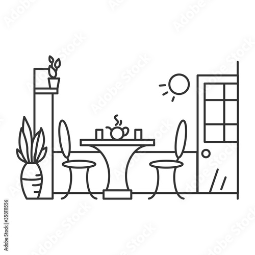 Kitchen icon. Dining room, kitchen or cafe interior, with table, chairs, plant decoration and served tea. Line concept pictogram for house interior and family communication. Editable stroke vector