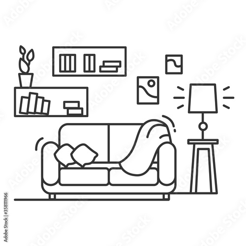 Living room icon. Linear pictogram of rum with sofa, books, wall decor and bright lamp. Concept of comfortable home evening, home interior and lifestyle. Editable stroke vector illustration