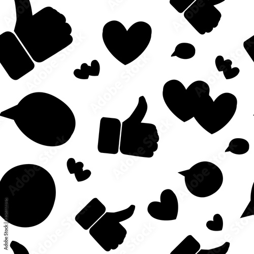 Black silhouette seamless pattern with hearts likes thumbs up social media platform flat vector illustration on white background