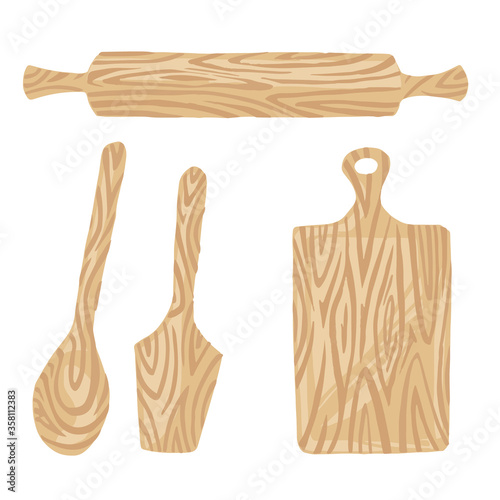 Set of simple flat kitchenware wooden icons vector illustration isolated on white background