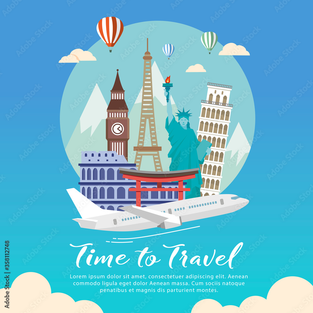 landmark Travel with airplane concept vector