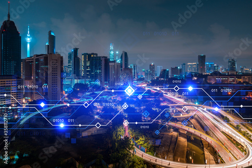 Photography Information flow hologram, night panorama city view of Kuala Lumpur