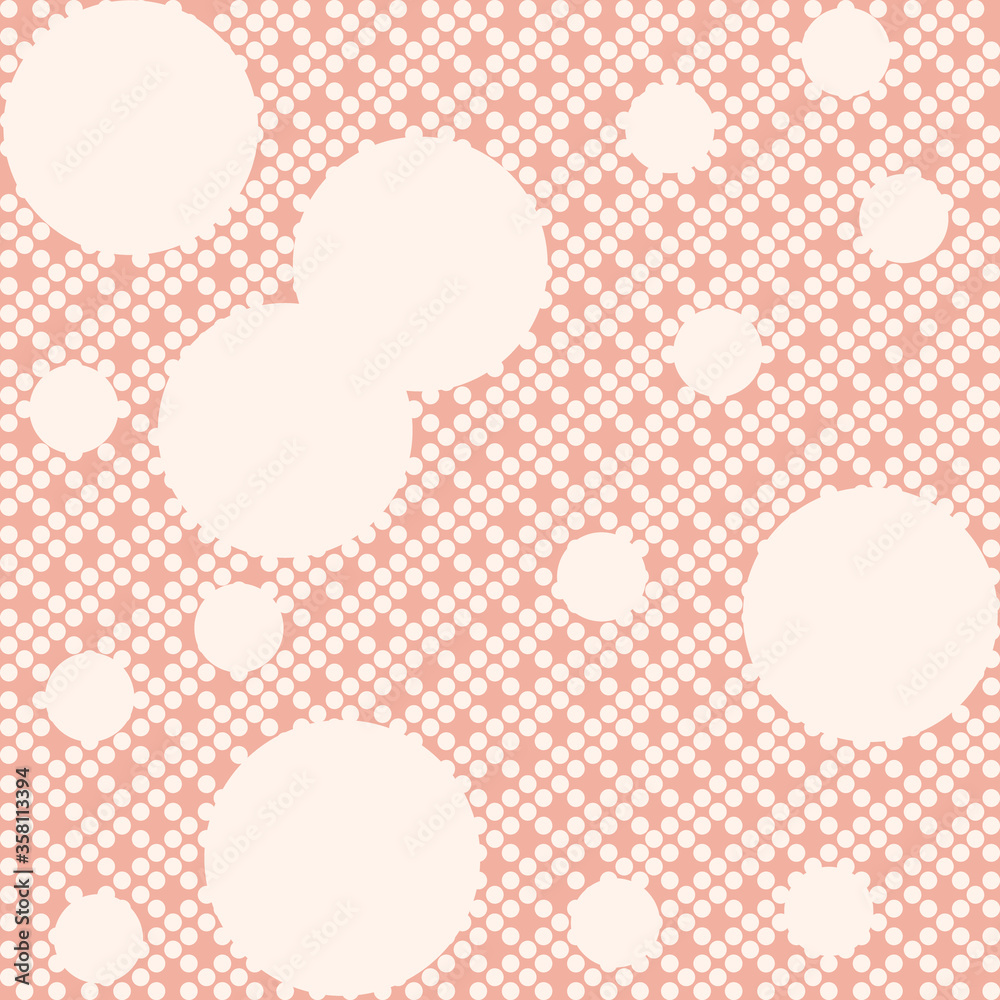 Seamless pattern with white circles different sizes flat vector illustration on pink background Seamless pattern with white circles different sizes flat vector illustration on pink background