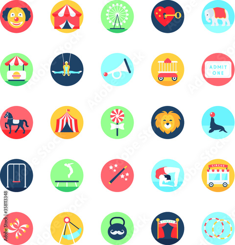 Circus Vector Icons in Flat Circular Design