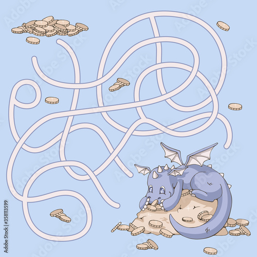 Labyrinth. Maze game for kids. Help cartoon dragon find path to his treasure (coins). Light blue, lilac and yellow pastel colors. Vector illustration.