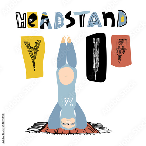 cute funny blue sloth practiced yoga exercises on home mat in headstand pose, building icons, color vector illustration isolated on white background in doodle, scandinavian & hand drawn style