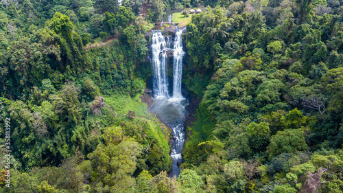 Aerial view of Tad Yaung waterfall in rainforest at Pakse and Champasak city Laos