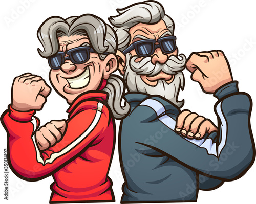 Cool elderly power couple wearing sunglasses. Vector clip art illustration with simple gradiensts. Each on a separate layer.
