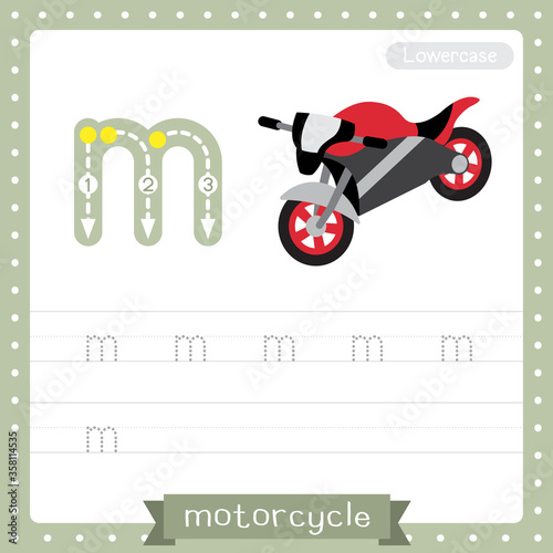 Letter M lowercase tracing practice worksheet of Motorcycle