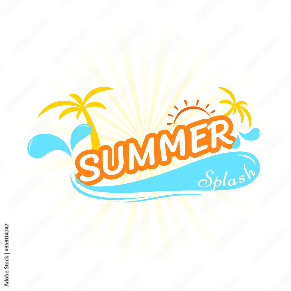 Summer holiday lettering graphic art with blue water splash coconut tree and sun icons symbol vector illustration background