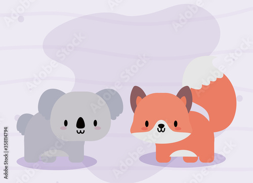 Photography cute card with fox and koala, kawaii