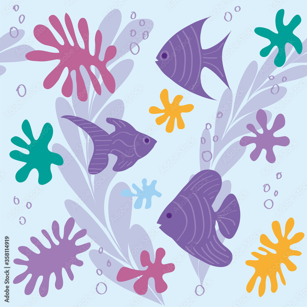 Obraz premium Seamless marine background with fish and plants. Underwater peace. Aquarium. Bright flat vector illustration. Suitable for wallpaper, packaging, wrapping paper, flyer, poster, package, web.