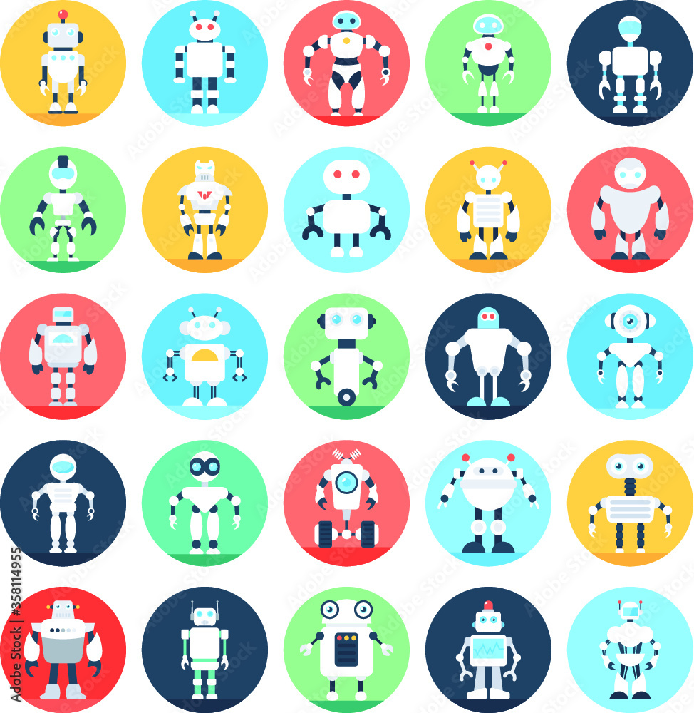 Naklejka premium Robots, Robotics Flat Icons Set