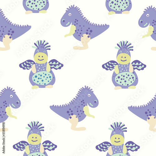 Cute vector seamless design adorable decorative simple pattern of dinosaurs in pastel purple colors. The design is perfect for sheets  decorations  backgrounds  textiles  children clothes  packaging.