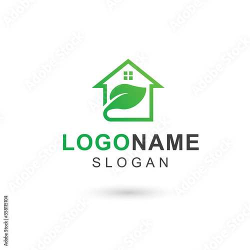 Green real estate logo, eco house, home care vector logo template design