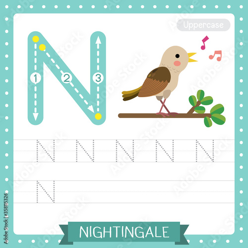 Letter N uppercase tracing practice worksheet of Singing Nightingale bird