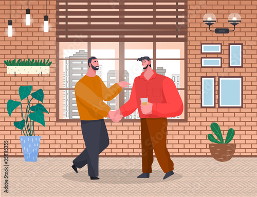 Two men greet each other on home reception. Friends spending leisure time together. People talk on banquet or meeting with drinks. Room interior with houseplants and window. Vector illustration