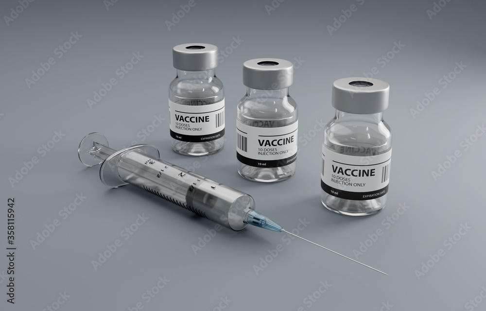 Generic Vaccines Lined Up and a Syringe Injection, Vaccination at Hospital Ambient, Grey Background, 3D Illustration Generic Vaccines Lined Up and a Syringe Injection, Vaccination at Hospital Ambient, Grey Background, 3D Illustration