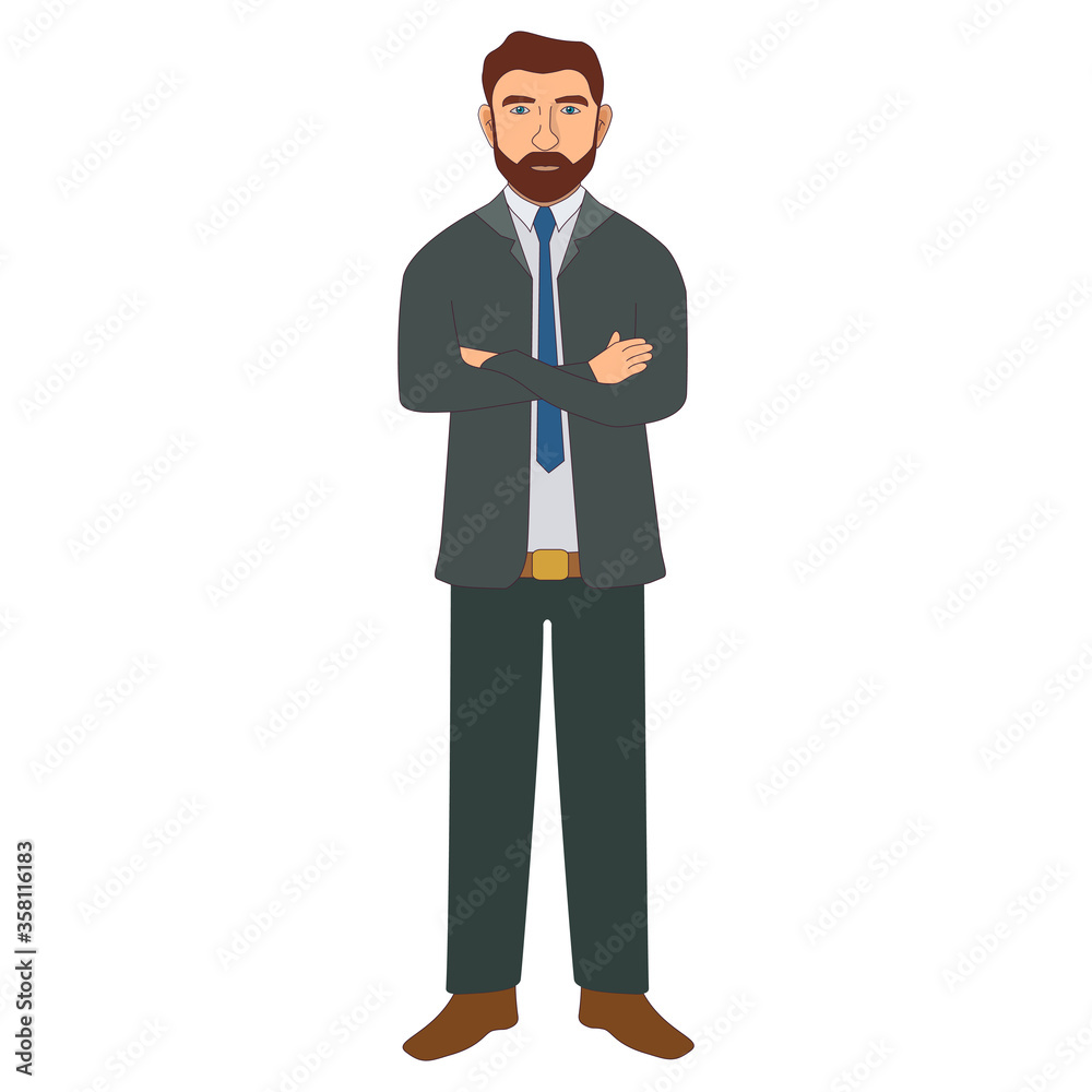 Businessman with crossed arms.Character man in a business suit and tie.Confident office worker.Vector flat illustration. Businessman with crossed arms.Character man in a business suit and tie.Confident office worker.Vector flat illustration.