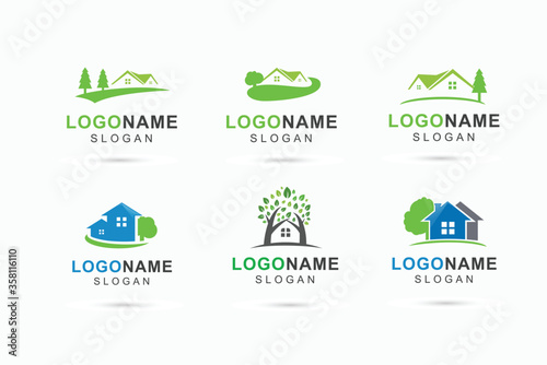 Green house landscapes logo  home tree icon  ecology logo for care  rent  and sale of agent property