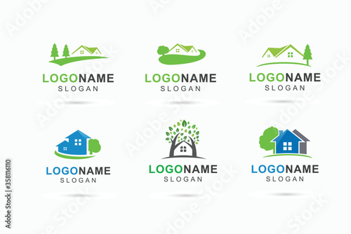 Green house landscapes logo, home tree icon, ecology logo for care, rent ,and sale of agent property