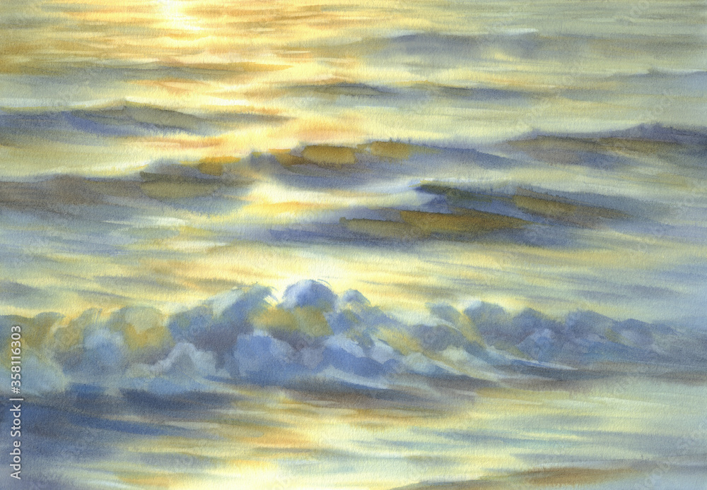 Obraz premium Sunny sea in the evening watercolor background