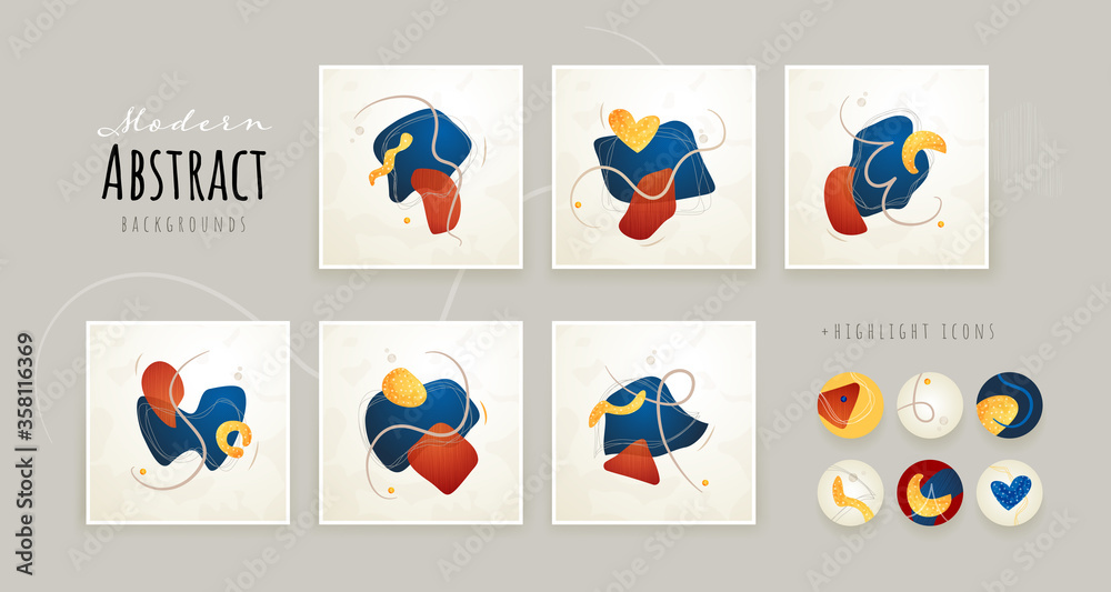 Set of Creative minimalist hand drawn abstract illustration. Modern abstract shapes in contemporary style for social banner background, stories post, postcard, flyer or brochure design. Set of Creative minimalist hand drawn abstract illustration. Modern abstract shapes in contemporary style for social banner background, stories post, postcard, flyer or brochure design.