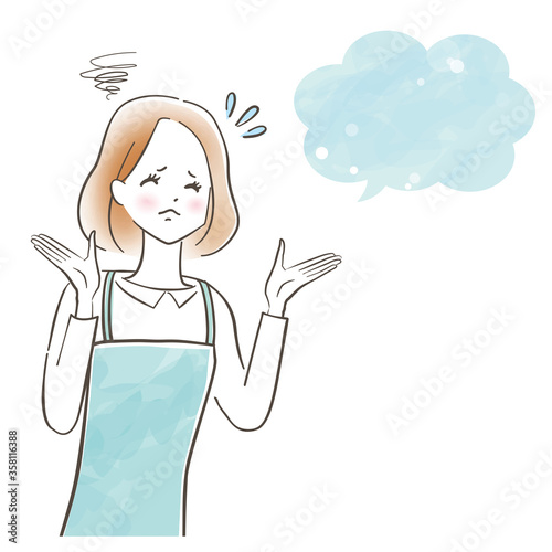 エプロンを着た笑顔のかわいい女性が困っている様子/パステル画/手描き