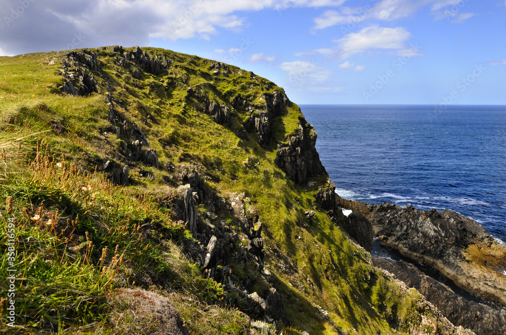 falaise couverte de verdure et rochers sur lesquels la mer bleue indigo vient s'abattre formant une écume blanche, ciel bleu et nuages blancs au nord de l'Irlande.