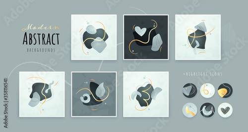 Set of Creative minimalist hand drawn abstract illustration. Modern abstract shapes in contemporary style for social banner background, stories post, postcard, flyer or brochure design.