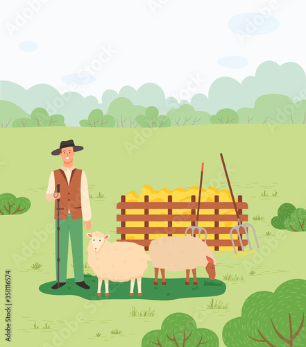 Farming grazing sheep, man with animal outdoor, hay and pitchfork. Man with pasturing mammal, farming land, harvest festival, ewe in forest vector