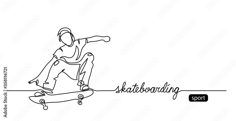 Skateboarding vector background, web banner, poster. One continuous line drawing of skater with lettering skateboarding.
