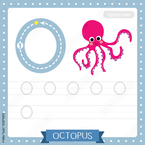 Letter O uppercase tracing practice worksheet of Magenta Octopus